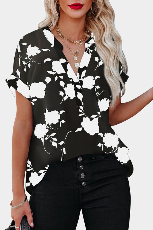 Black Floral Printed Short Sleeve Blouse Blouses & Shirts JT's Designer Fashion