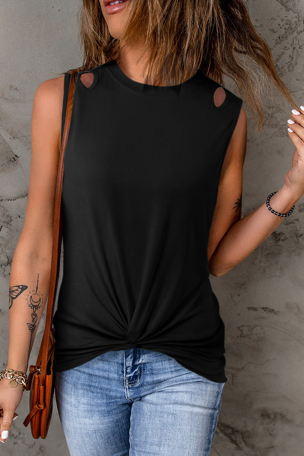 Black Rib Knit Cut-out Front Twist Tank Top Black 95%Polyester+5%Elastane Tank Tops JT's Designer Fashion