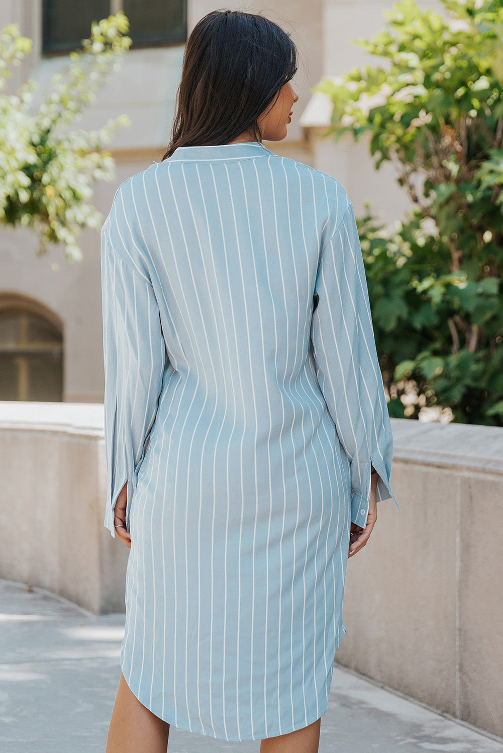 Sky Blue Striped Shirt Midi Dress with Sash T Shirt Dresses JT's Designer Fashion