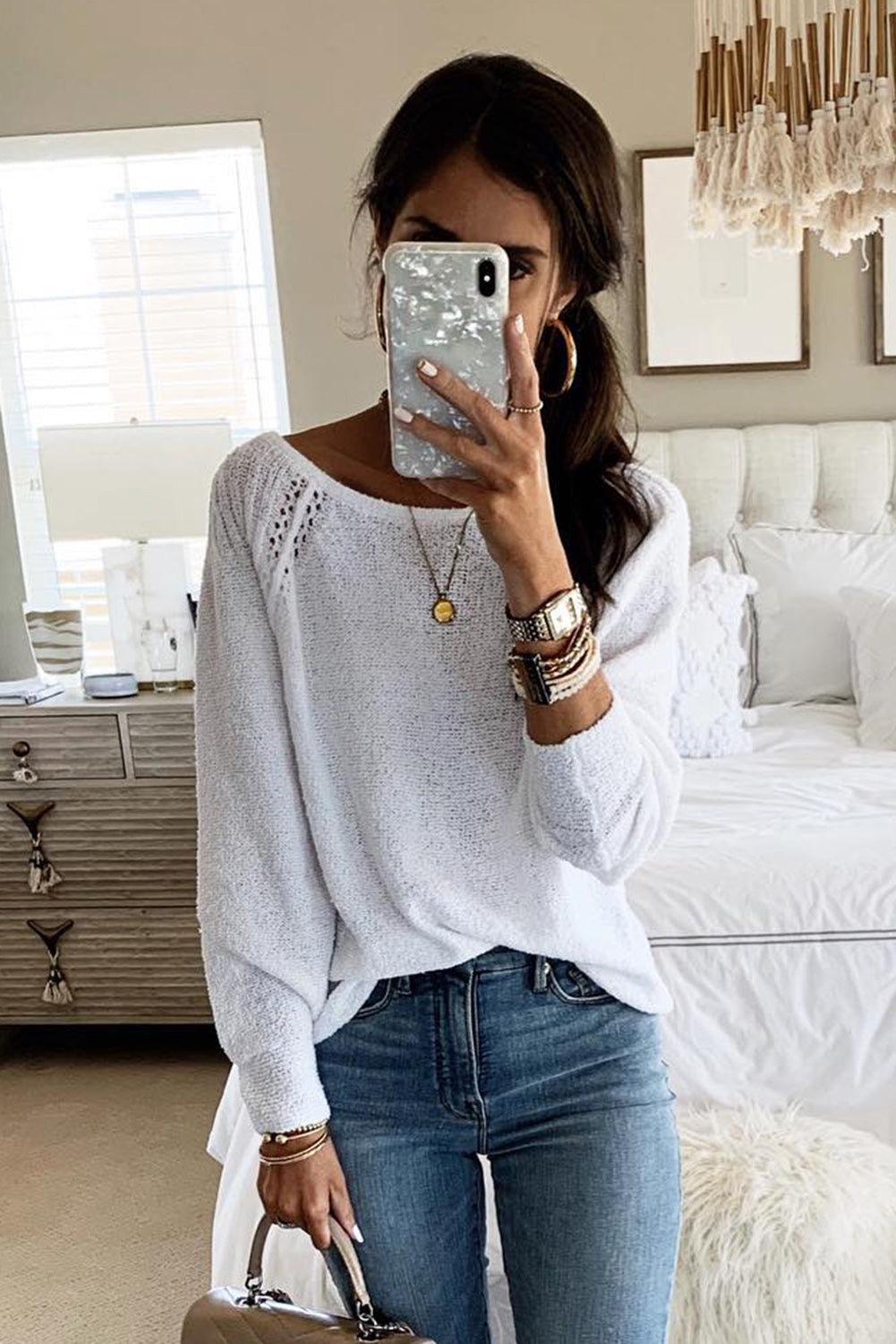 White Long Sleeve Cutout Shoulder Relaxed Sweater Tops & Tees JT's Designer Fashion