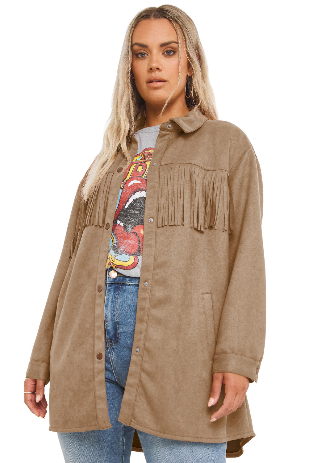 Khaki Fringe Trim Plus Size Suede Shacket Plus Size JT's Designer Fashion