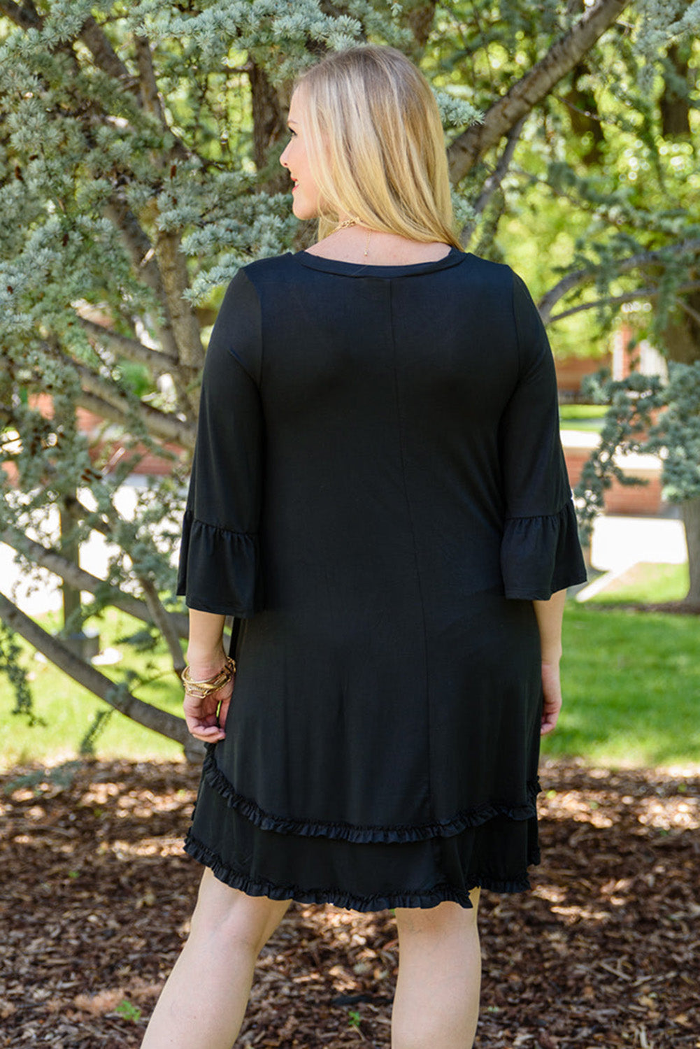 Black Plus Size Ruffled Trim 3/4 Sleeve A-line Dress Plus Size JT's Designer Fashion