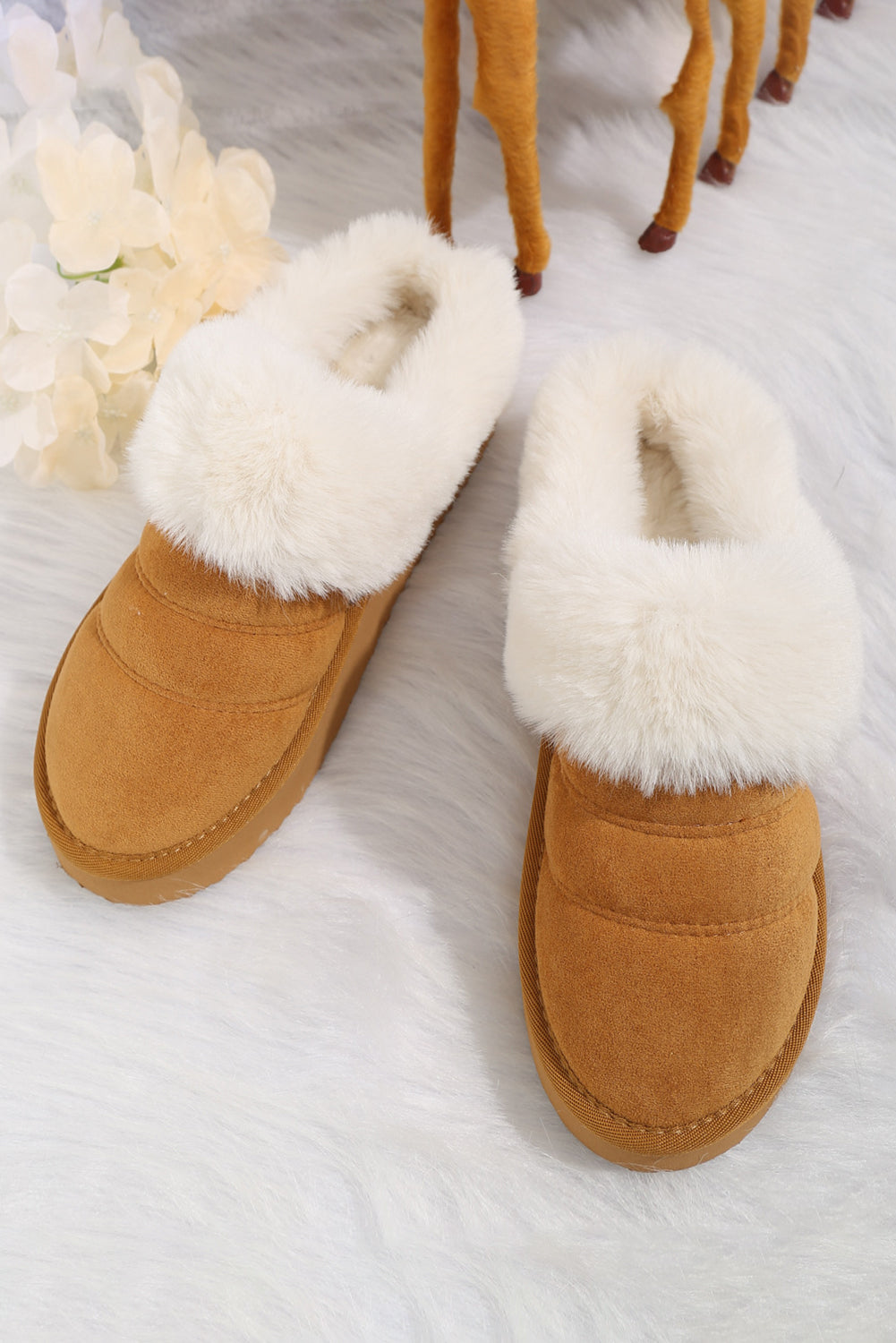 Camel Plush Suede Patchwork Thick Sole Slippers Slippers JT's Designer Fashion