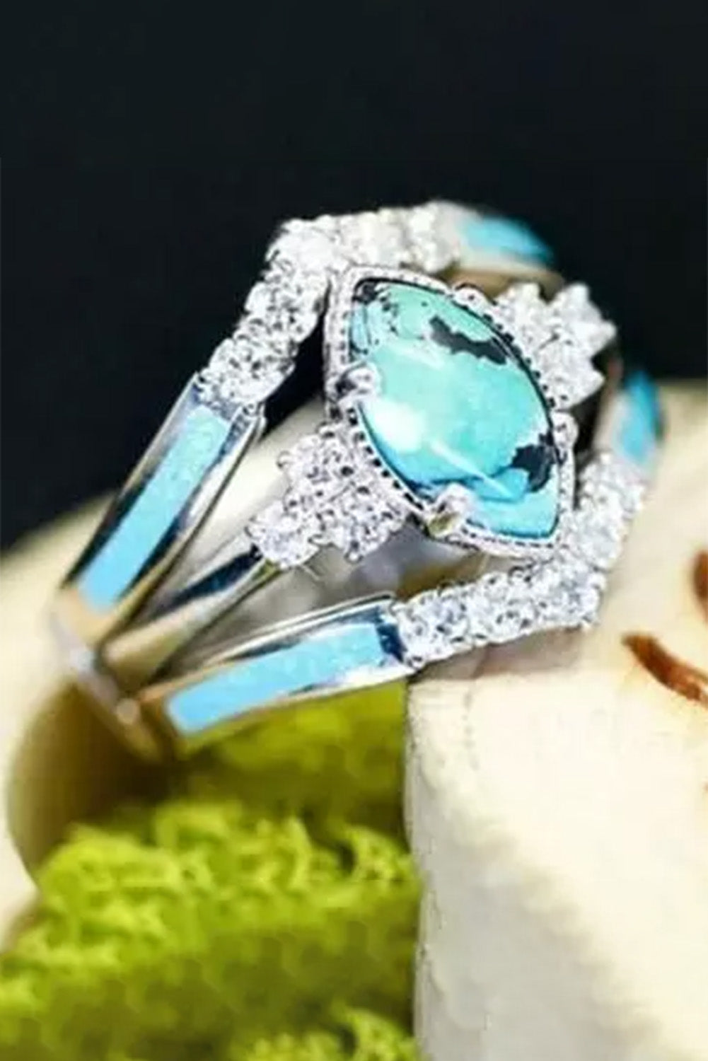 Silver 3Pcs Turquoise Rhinestone Ring Set Jewelry JT's Designer Fashion