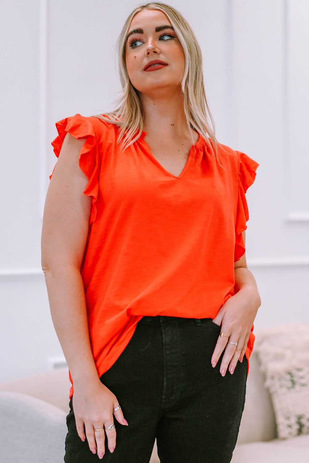 Orange White White V Neck Ruffle Sleeve Plus Size Top Plus Size JT's Designer Fashion