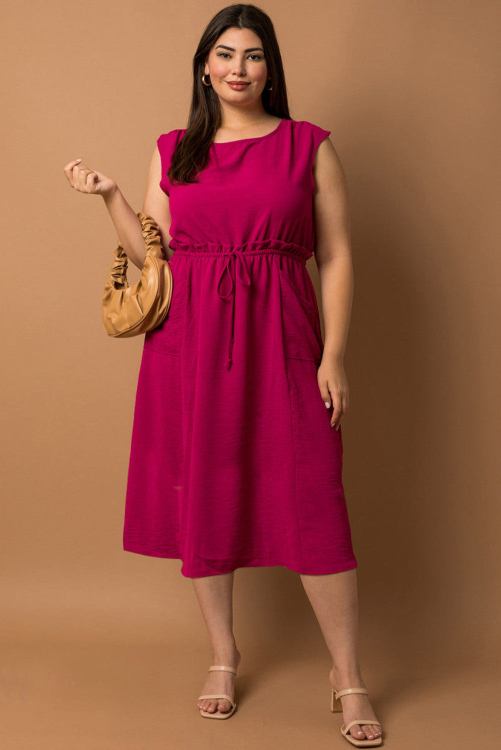 Rose Ruffled Drawstring High Waist Sleeveless Plus Size Midi Dress Plus Size Dresses JT's Designer Fashion