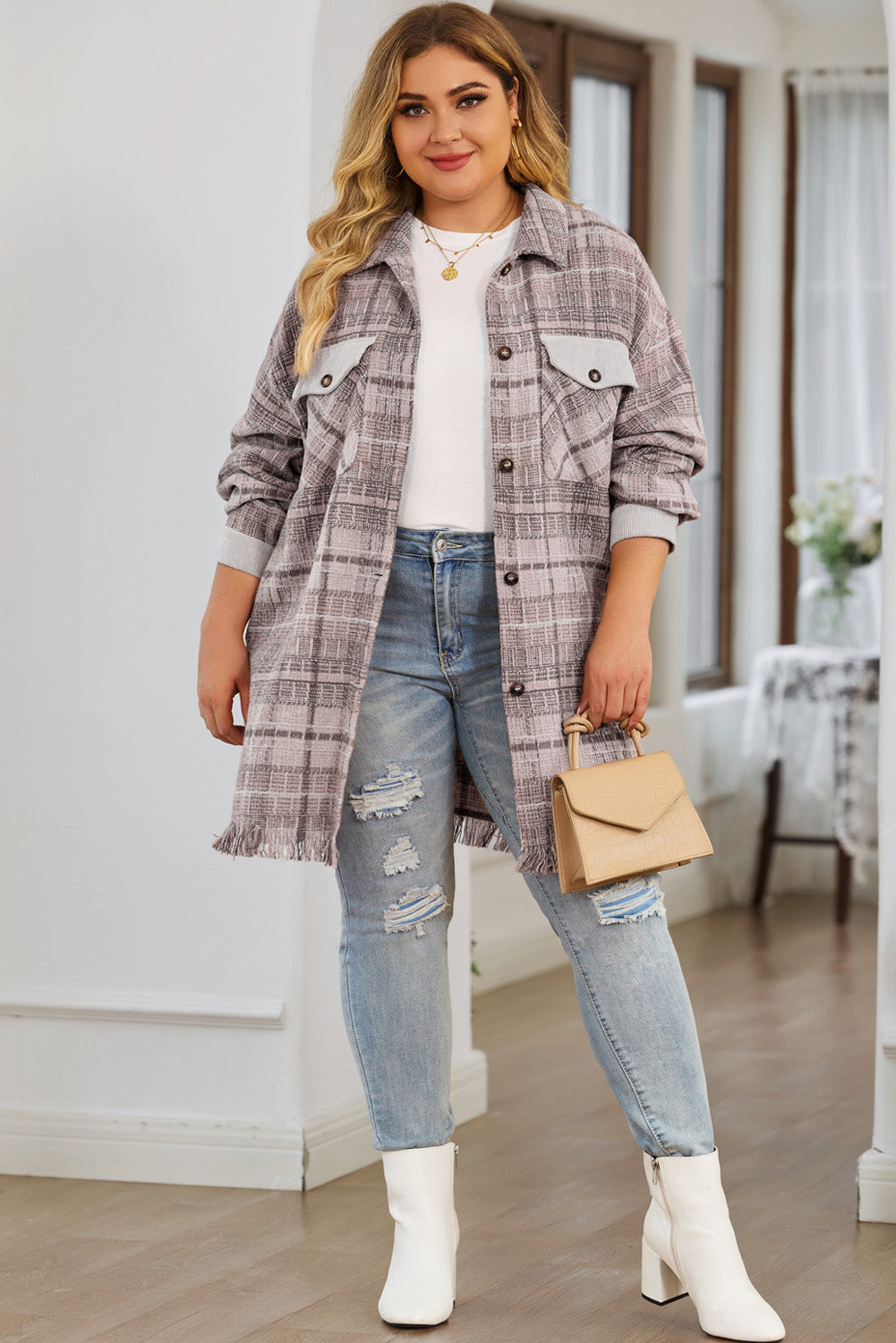 Pink Plus Size Plaid Tassel Hem Coat Plus Size JT's Designer Fashion