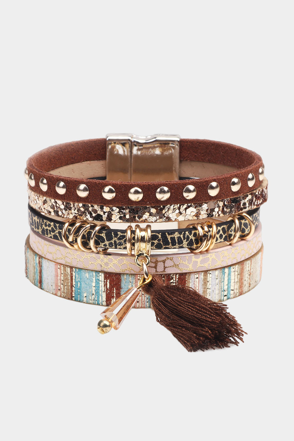 Brown Multi-layer Shining Leather Tassel Decor Bracelet Jewelry JT's Designer Fashion