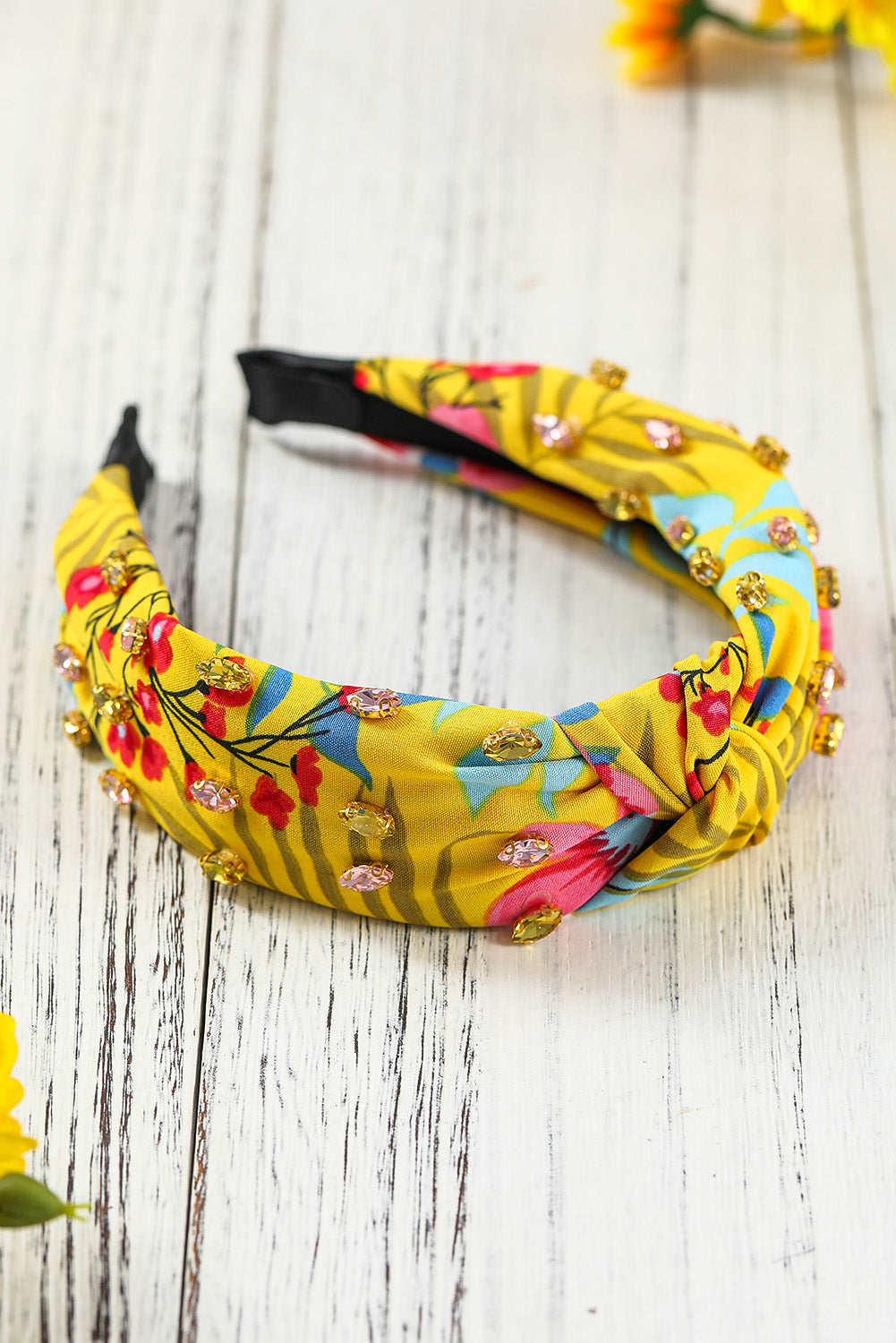 Yellow Rhinestone Floral Print Knotted Headband Headwear JT's Designer Fashion