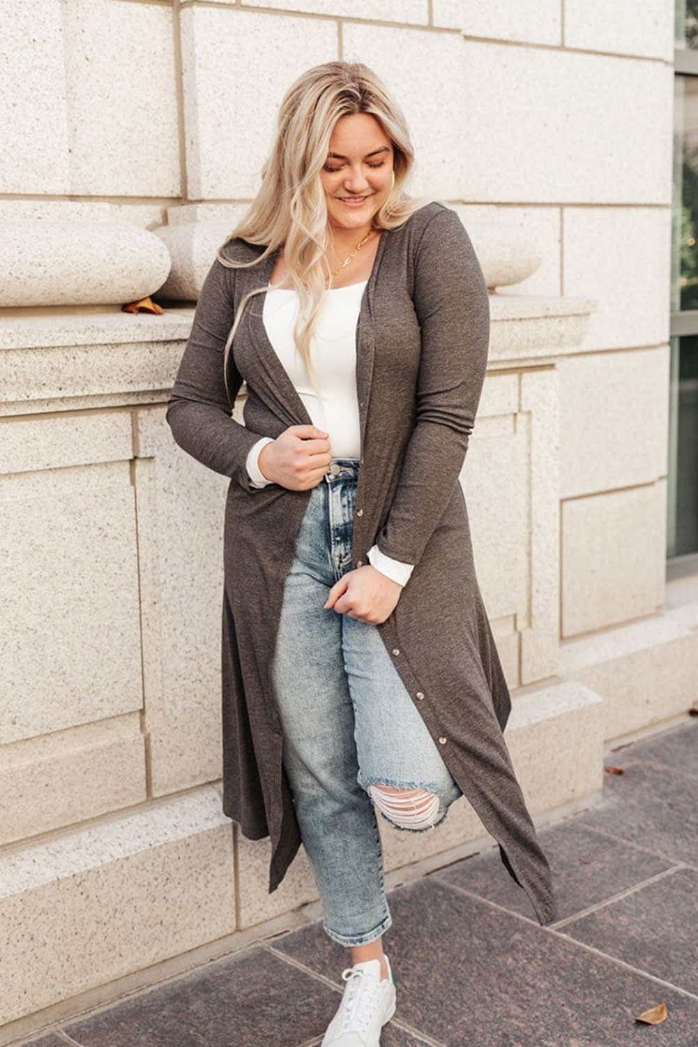 Gray Plus Size Button Front Long Cardigan Plus Size JT's Designer Fashion