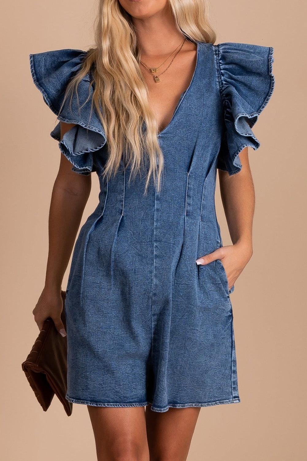 Blue Ruffle Pleated Denim Romper with Pockets Blue 87%Cotton+6%Polyester+7%Viscose Jumpsuits & Rompers JT's Designer Fashion