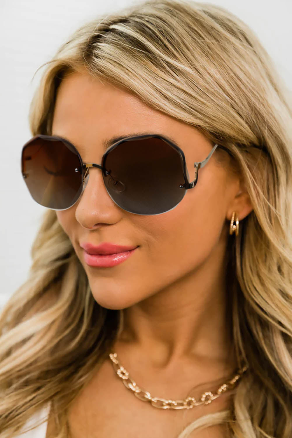 Brown Rimless Geometric Frame Fashion Sunglasses Other Accessories JT's Designer Fashion