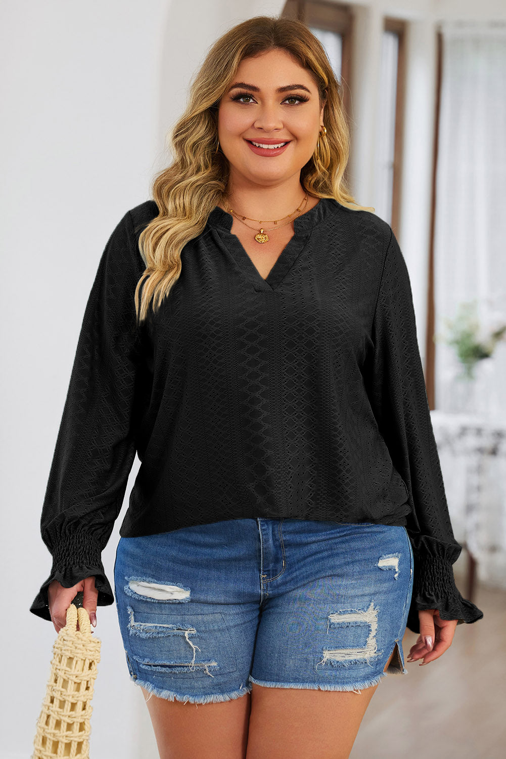 Black Eyelet Embroidered Split Neck Flounce Sleeve Curvy Top Plus Size JT's Designer Fashion