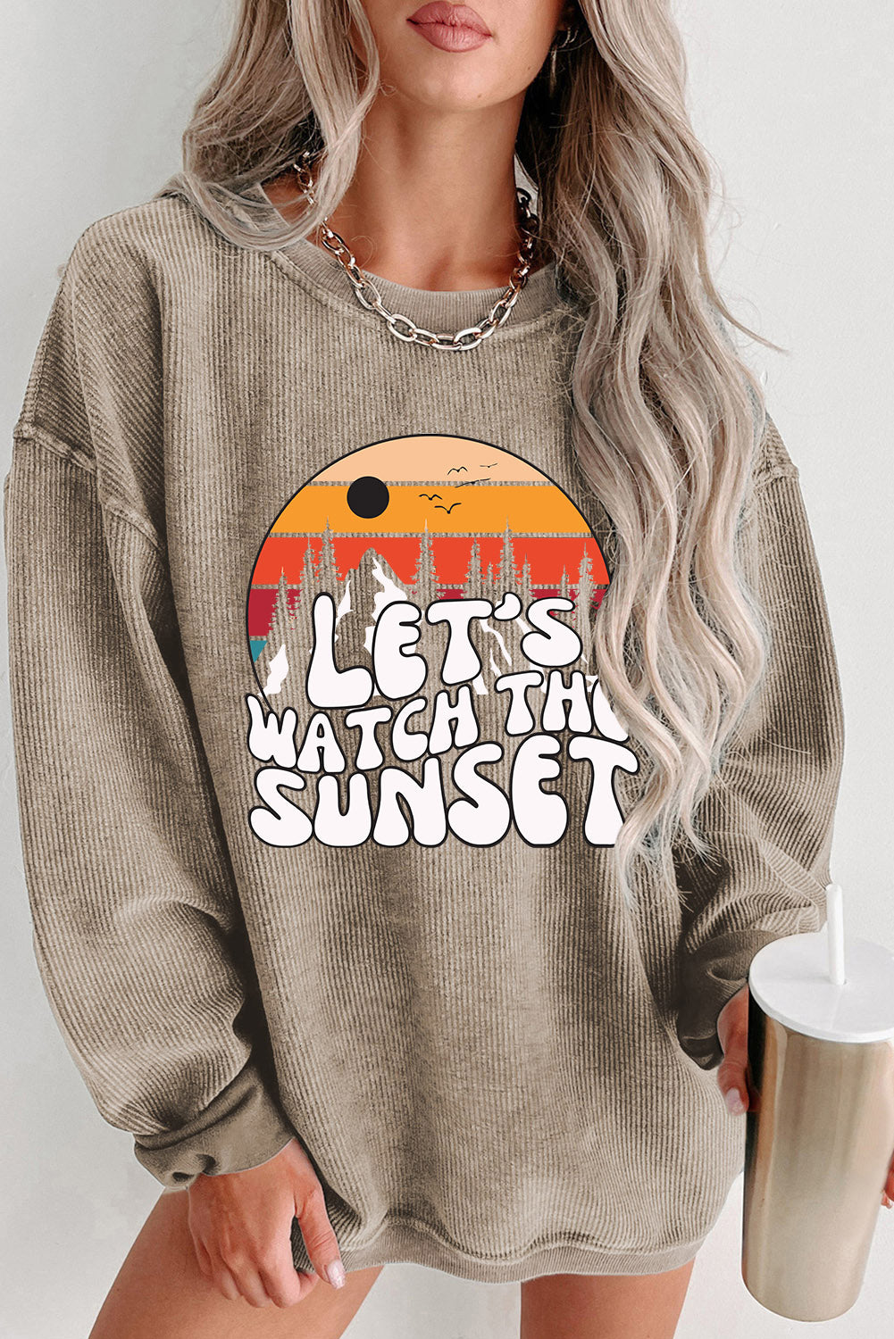 Khaki LET Graphic Sweatshirts JT's Designer FashionS WATCH THE SUNSET Graphic Corduroy Sweatshirt Graphic Sweatshirts JT's Designer Fashion