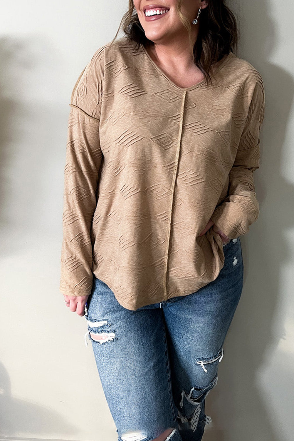 Khaki Plus Size Textured V Neck Drop Shoulder Outseam Pullover Top Plus Size JT's Designer Fashion