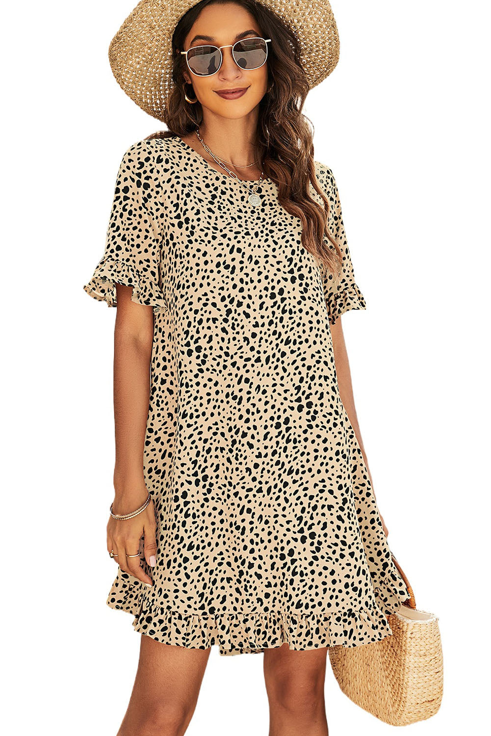 Leopard Print Ruffled Short Sleeve Mini Dress Mini Dresses JT's Designer Fashion