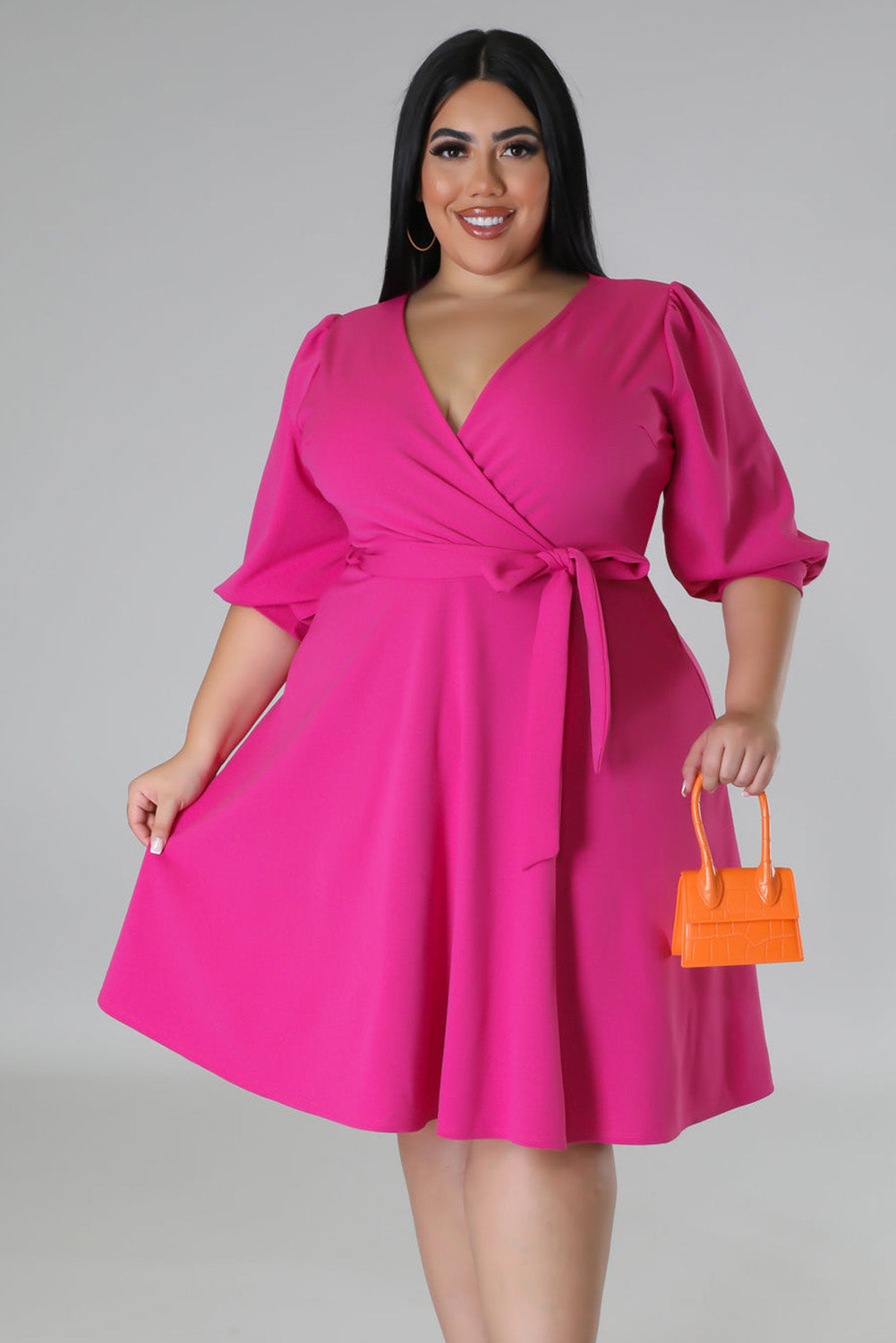 Rose Plus Size V Neck Wrap Puff Sleeve Dress Plus Size JT's Designer Fashion