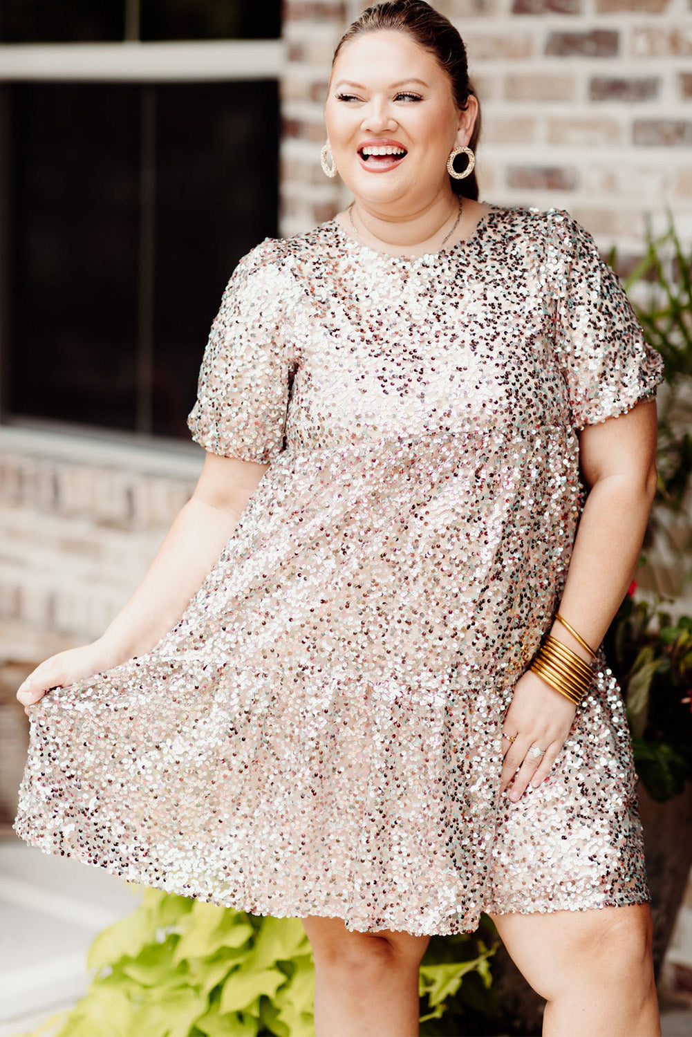 Apricot Plus Size Sequin Short Sleeve Babydoll Dress Plus Size JT's Designer Fashion