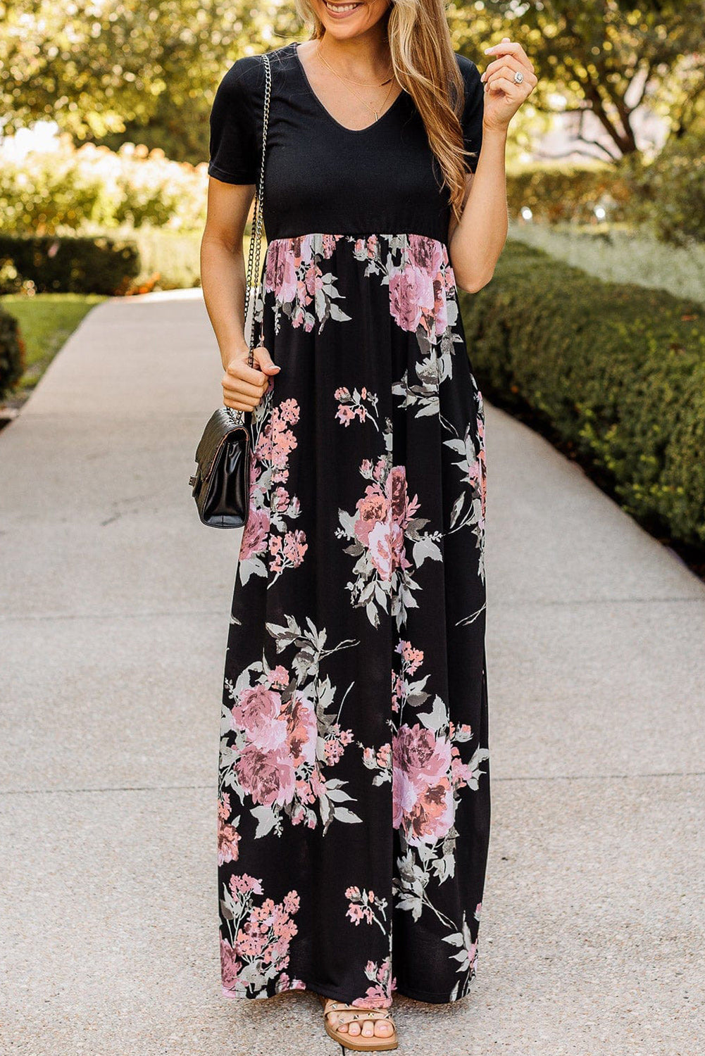 Black Contrast Floral Empire Waist Maxi Dress Maxi Dresses JT's Designer Fashion