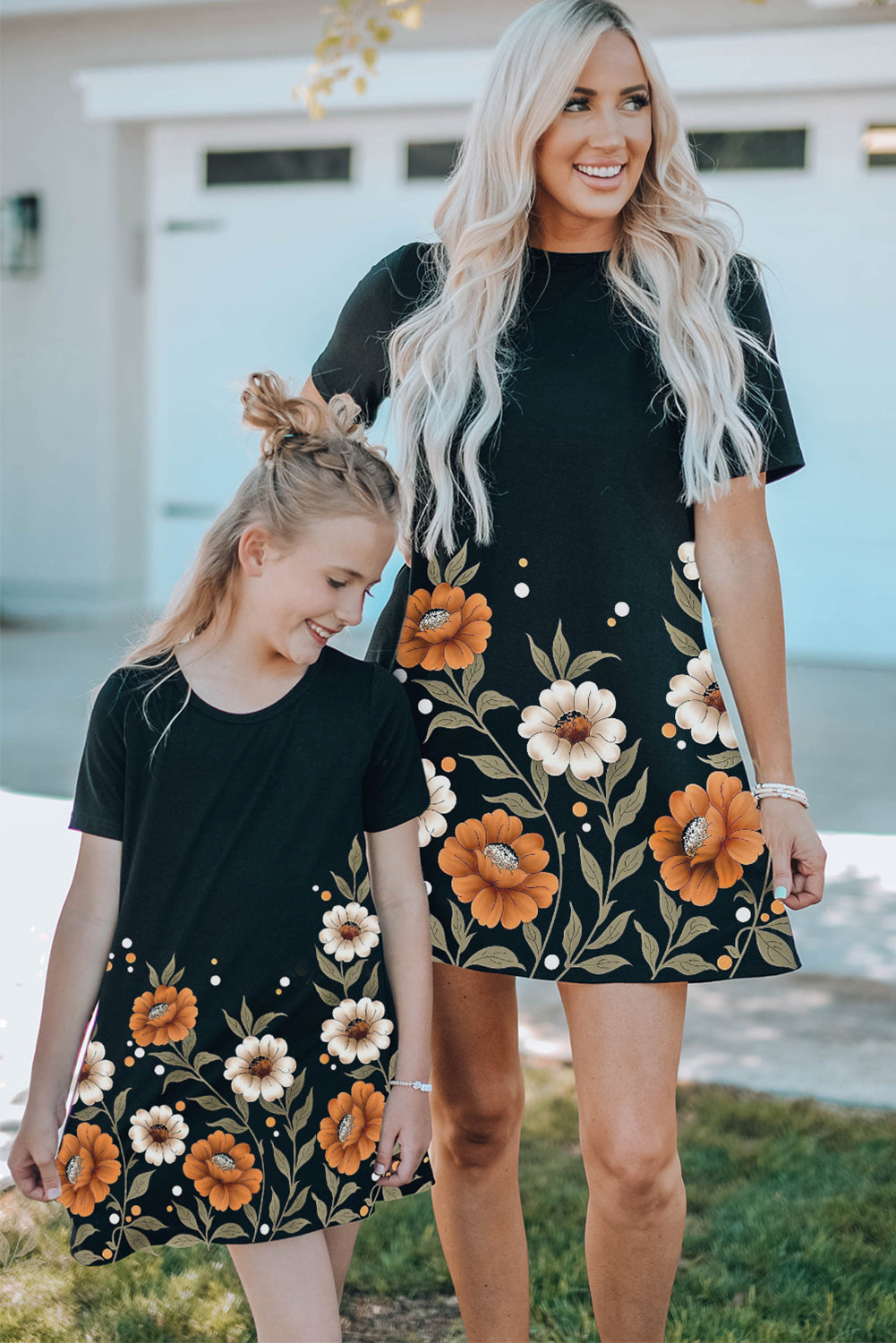 Black Family Matching Floral Printed Short Sleeve Girl's Mini Dress Family Dress JT's Designer Fashion