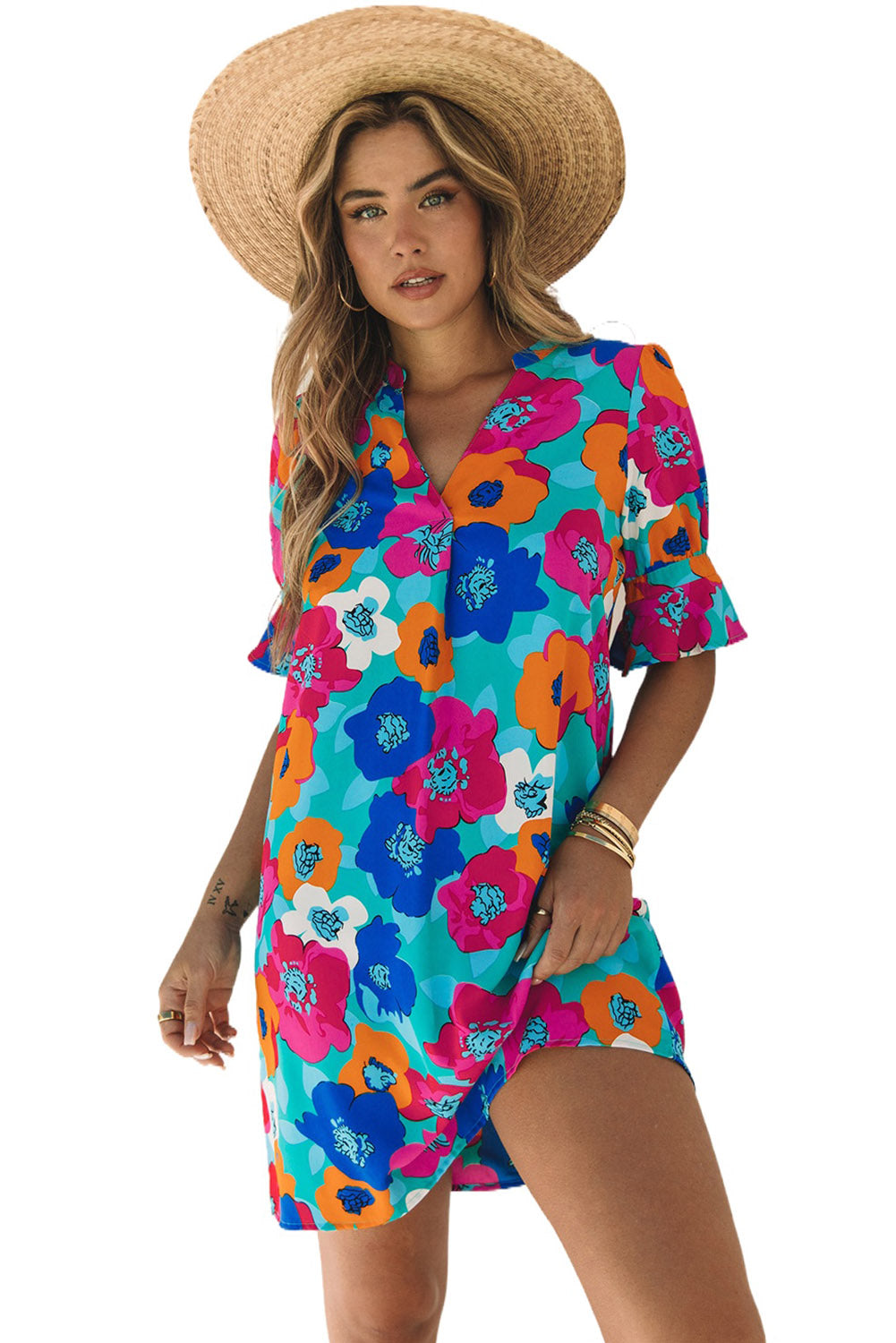 Multicolor Split V Collar Ruffle Sleeve Floral Shift Dress Floral Dresses JT's Designer Fashion