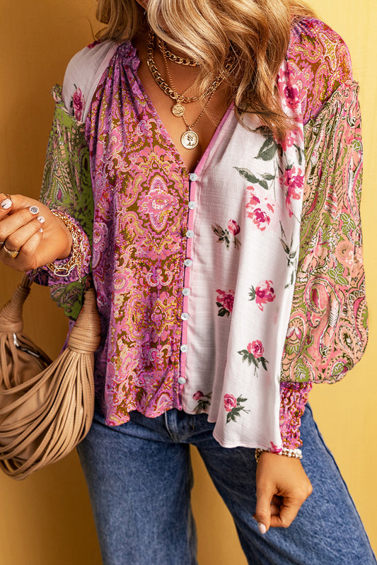 Pirouette Floral Patchwork Shirred Cuff Buttoned V Neck Blouse Tops & Tees JT's Designer Fashion