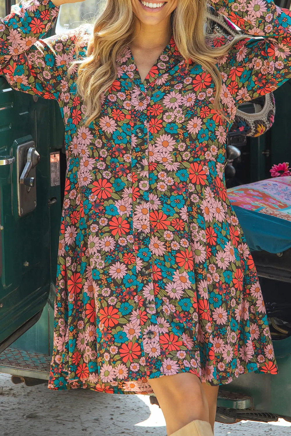 Multicolour Vibrant Floral Print Lapel Collar Flared Shirt Dress Dresses JT's Designer Fashion