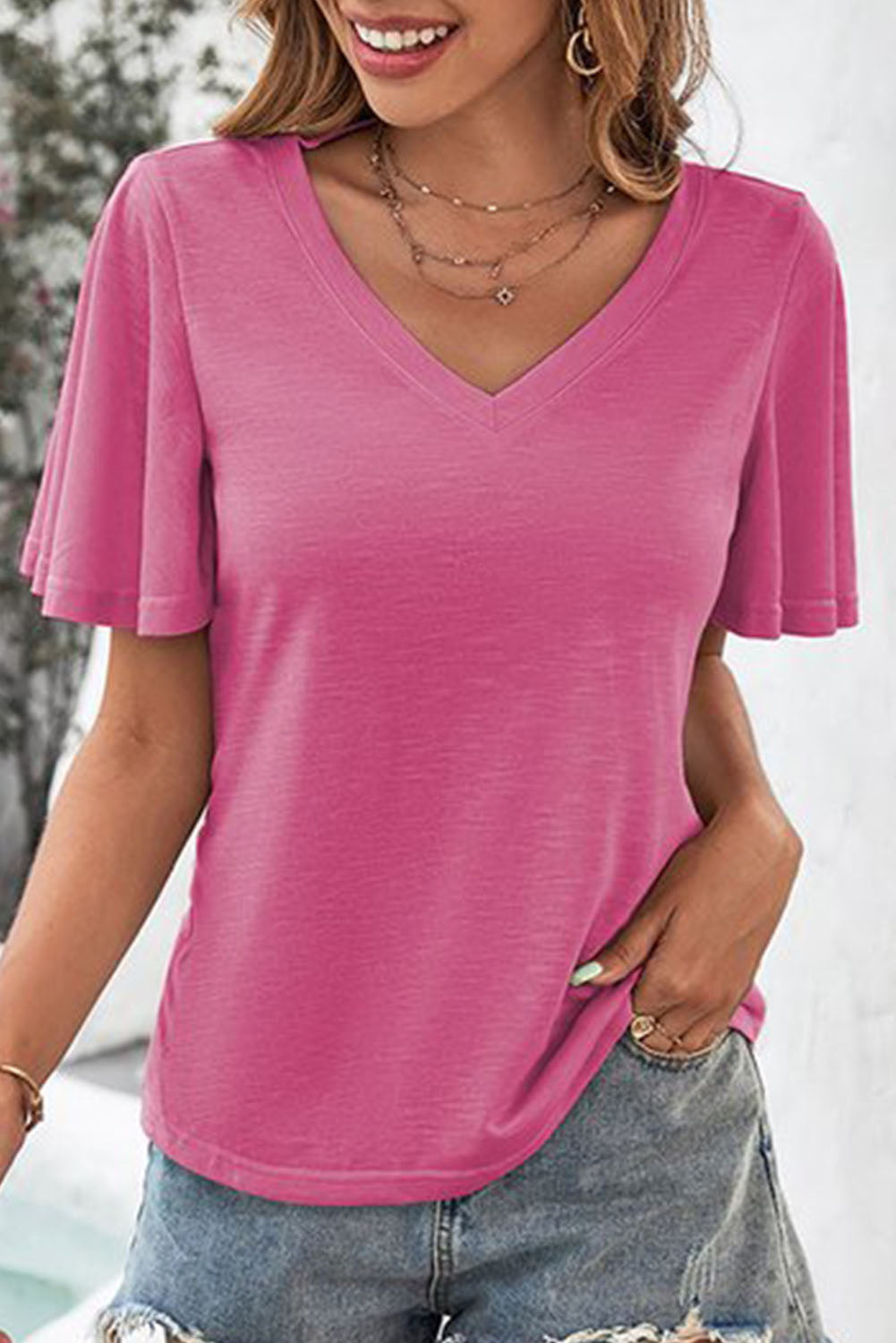 Pink Bell Sleeve V-Neck Top Tops & Tees JT's Designer Fashion