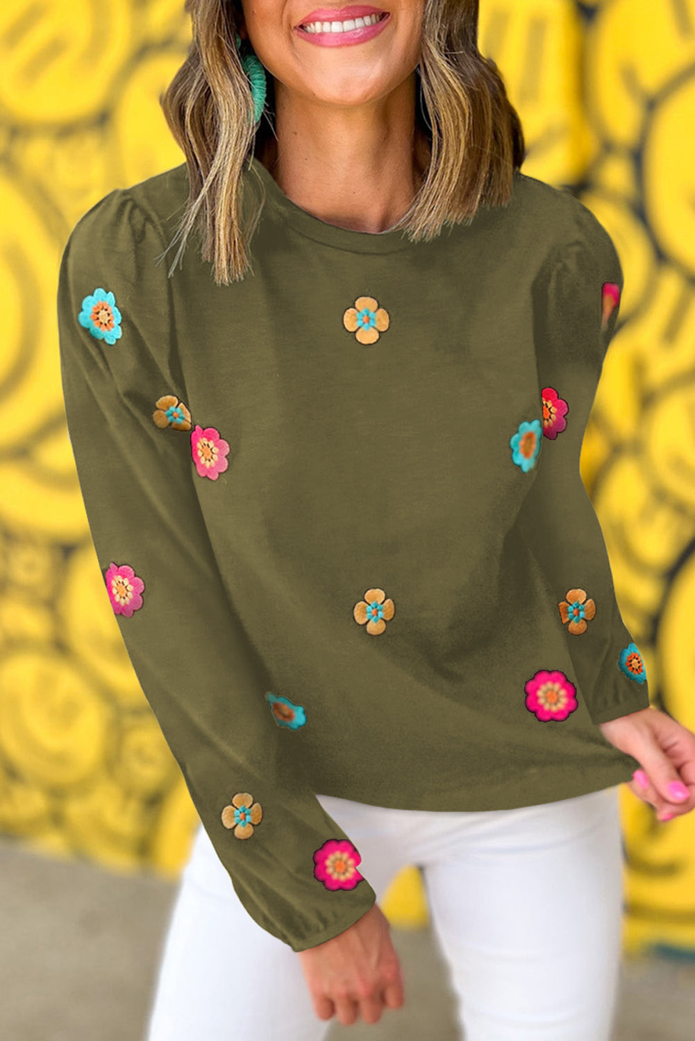 Pickle Green Floral Embroidered Puff Sleeve Blouse Tops & Tees JT's Designer Fashion