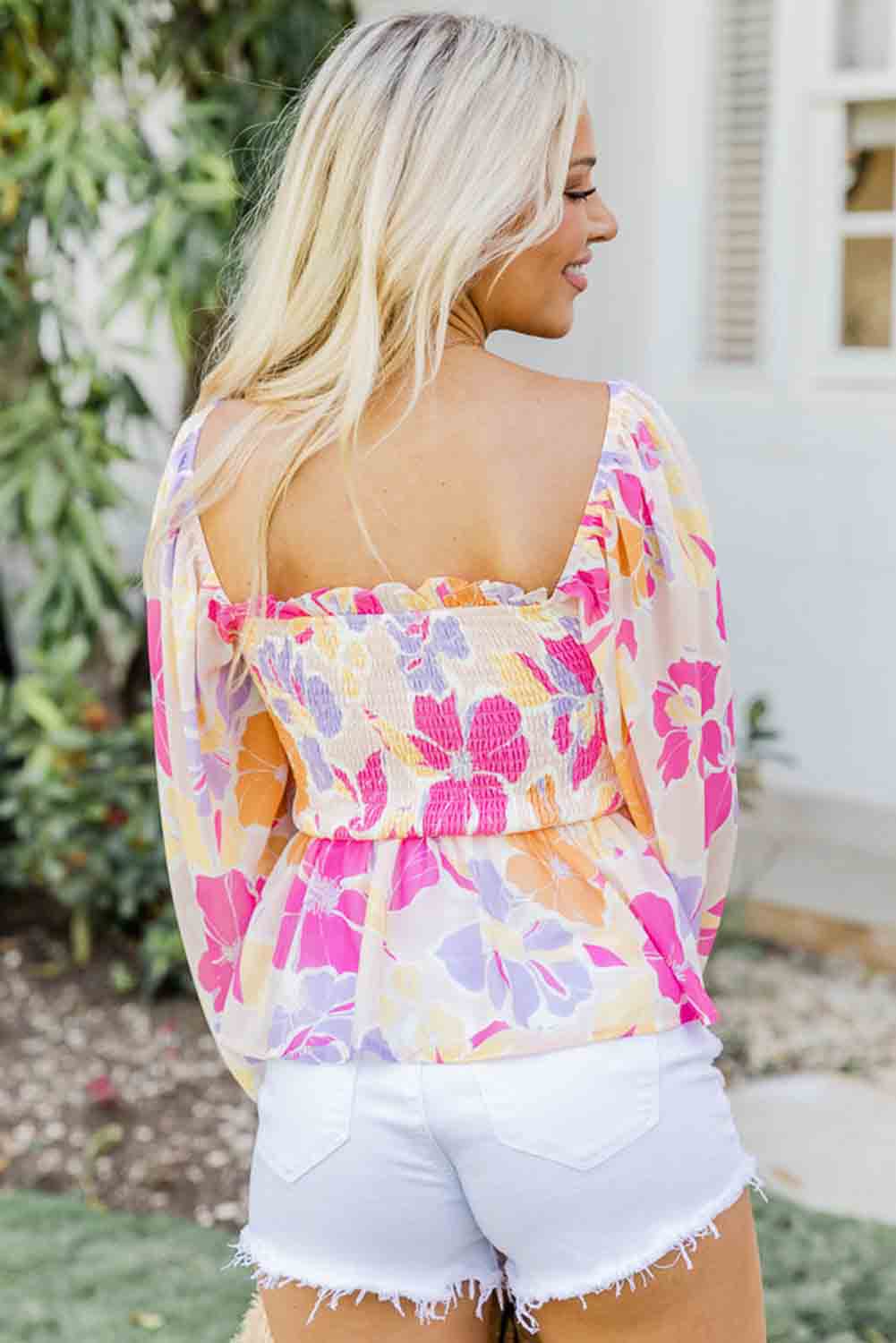 Pink Floral Frill Square Neck Long Sleeve Smock Peplum Blouse Tops & Tees JT's Designer Fashion