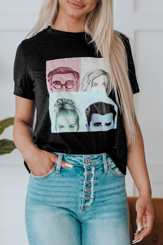 Gray Portraits Graphic Print T-shirt Gray 95%Polyester+5%Spandex Graphic Tees JT's Designer Fashion