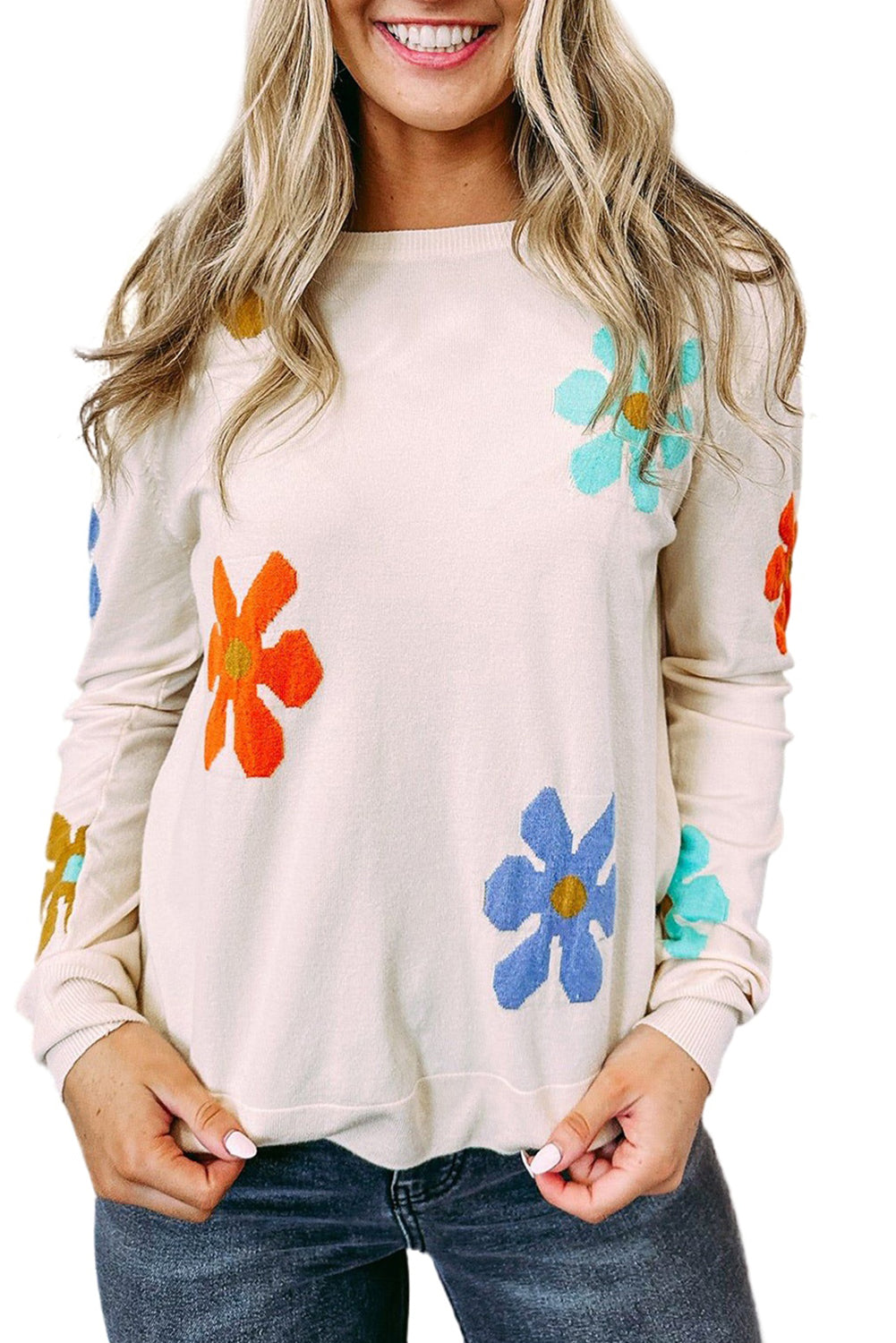 White Sweet Floral Pullover Sweater Pre Order Sweaters & Cardigans JT's Designer Fashion