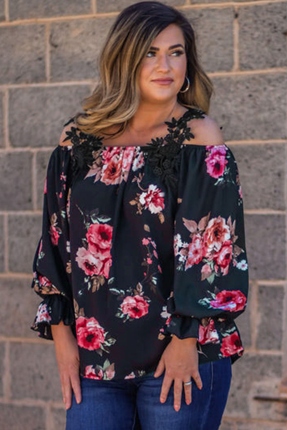 Navy Blue Plus Size Crochet Detail Cold shoulder Floral Blouse Plus Size JT's Designer Fashion