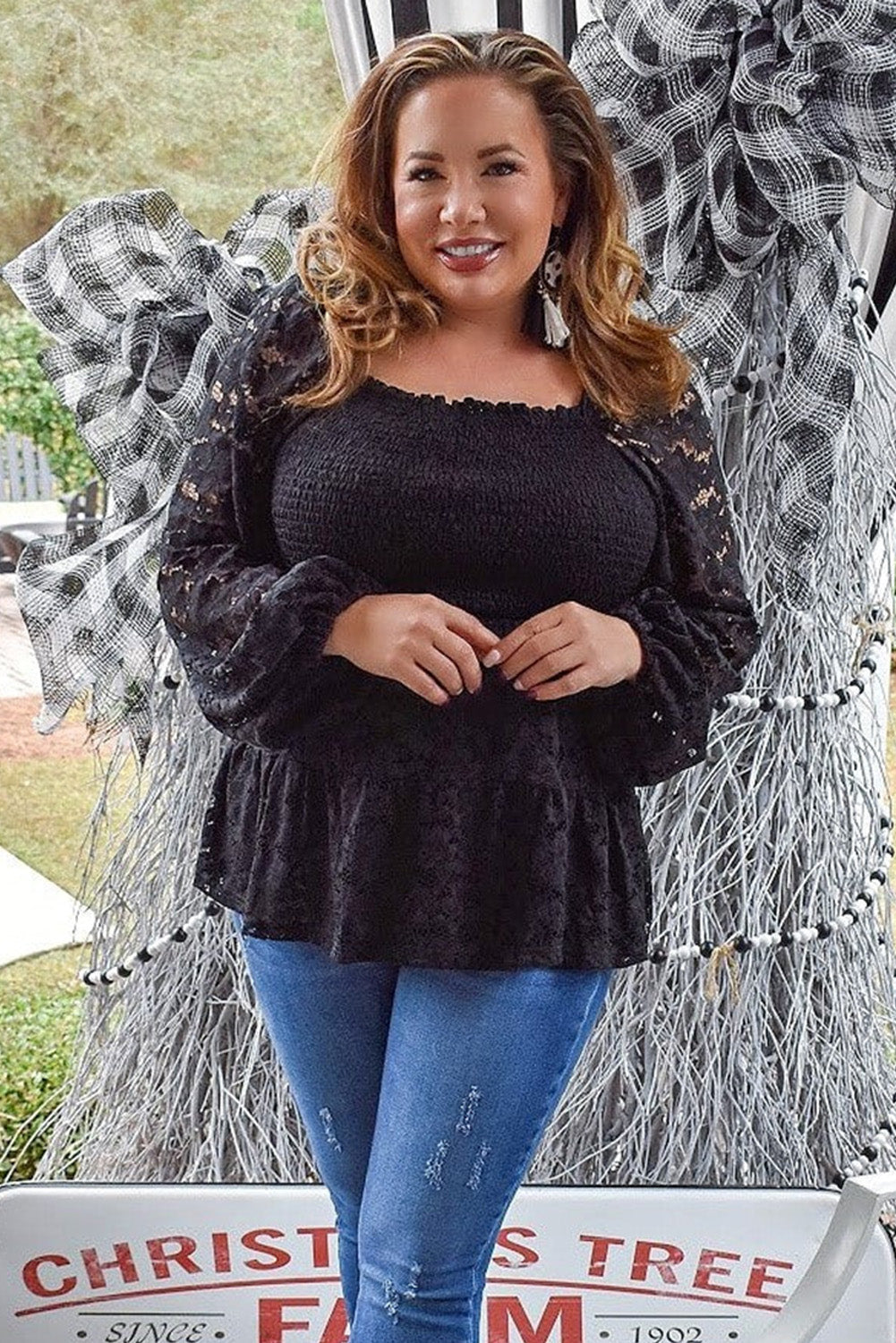 Black Plus Size Lace Puff Sleeve Smocked Ruffle Hem Top Plus Size JT's Designer Fashion