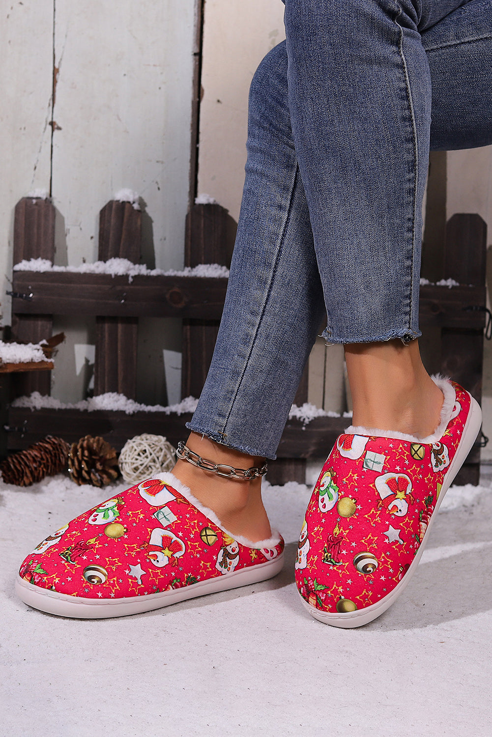 Fiery Red Christmas Cartoon Snowman Print Fuzzy Winter Slippers Slippers JT's Designer Fashion