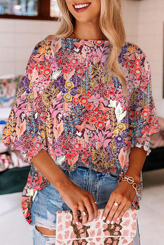 Multicolor Floral Print Shirred 3/4 Sleeve Tunic Blouse Multicolor 100%Polyester Blouses & Shirts JT's Designer Fashion