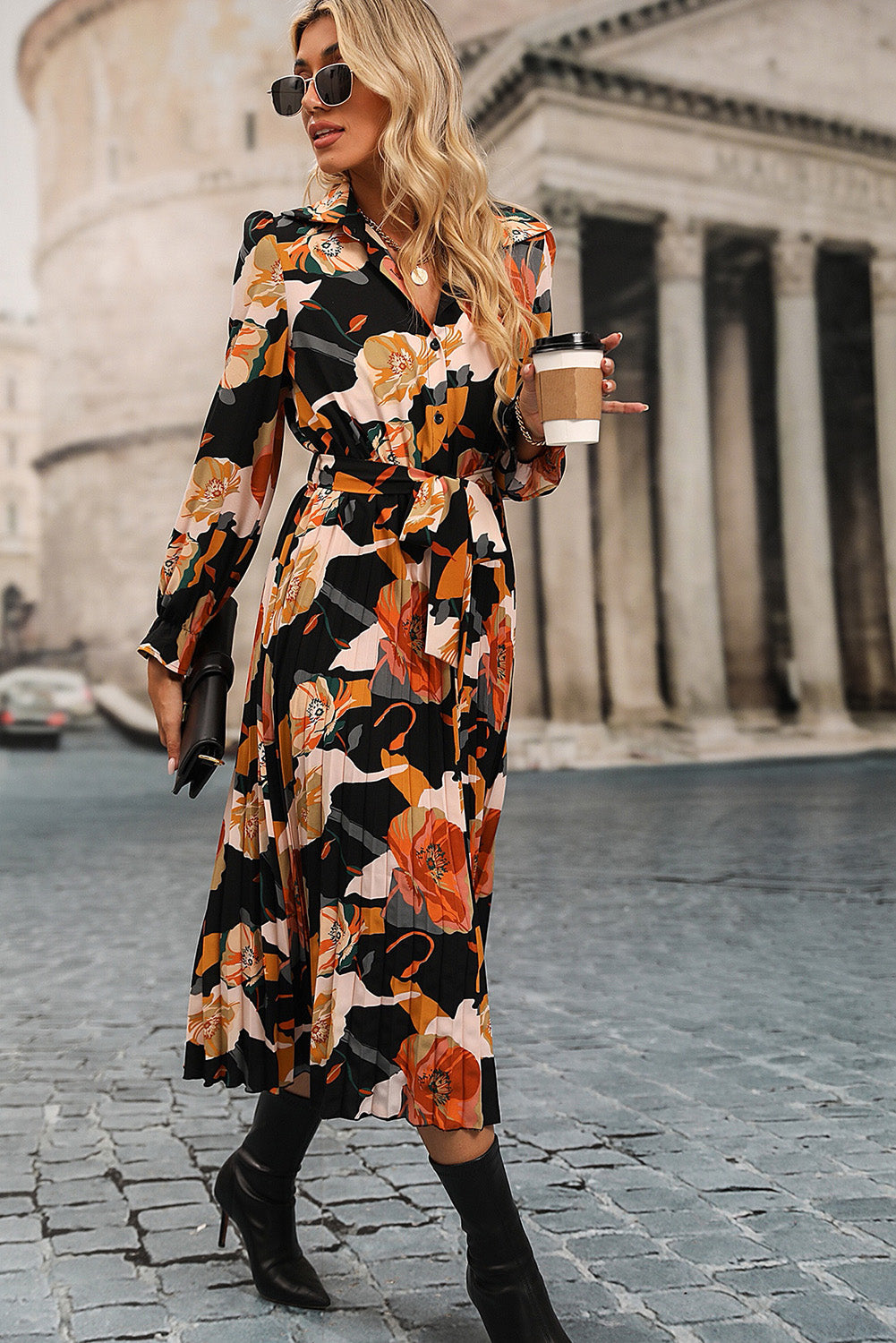 Multicolor Floral Tie Waist Pleated Long Shirt Dress Dresses JT's Designer Fashion