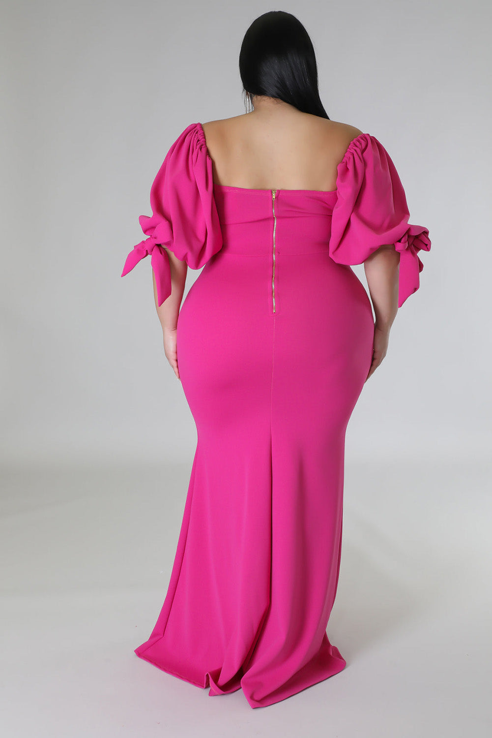 Rose Bow Tie Puff Sleeve Plus Size High Slit Maxi Dress Plus Size JT's Designer Fashion