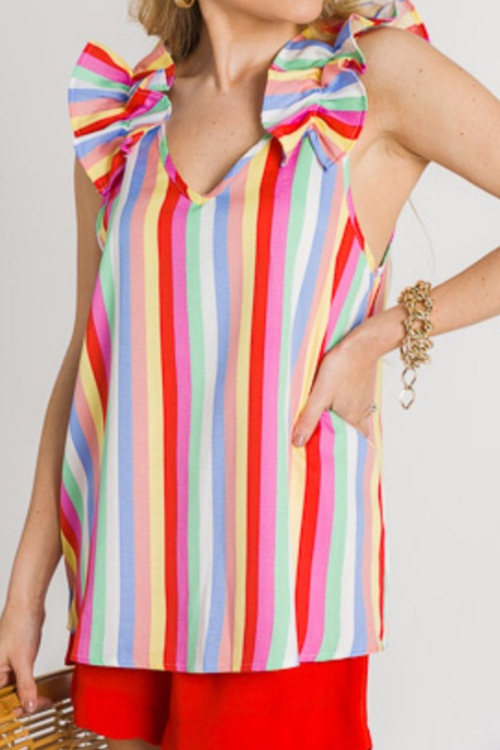 Multicolor Striped V Neck Ruffle Straps Tank Top Tank Tops JT's Designer Fashion