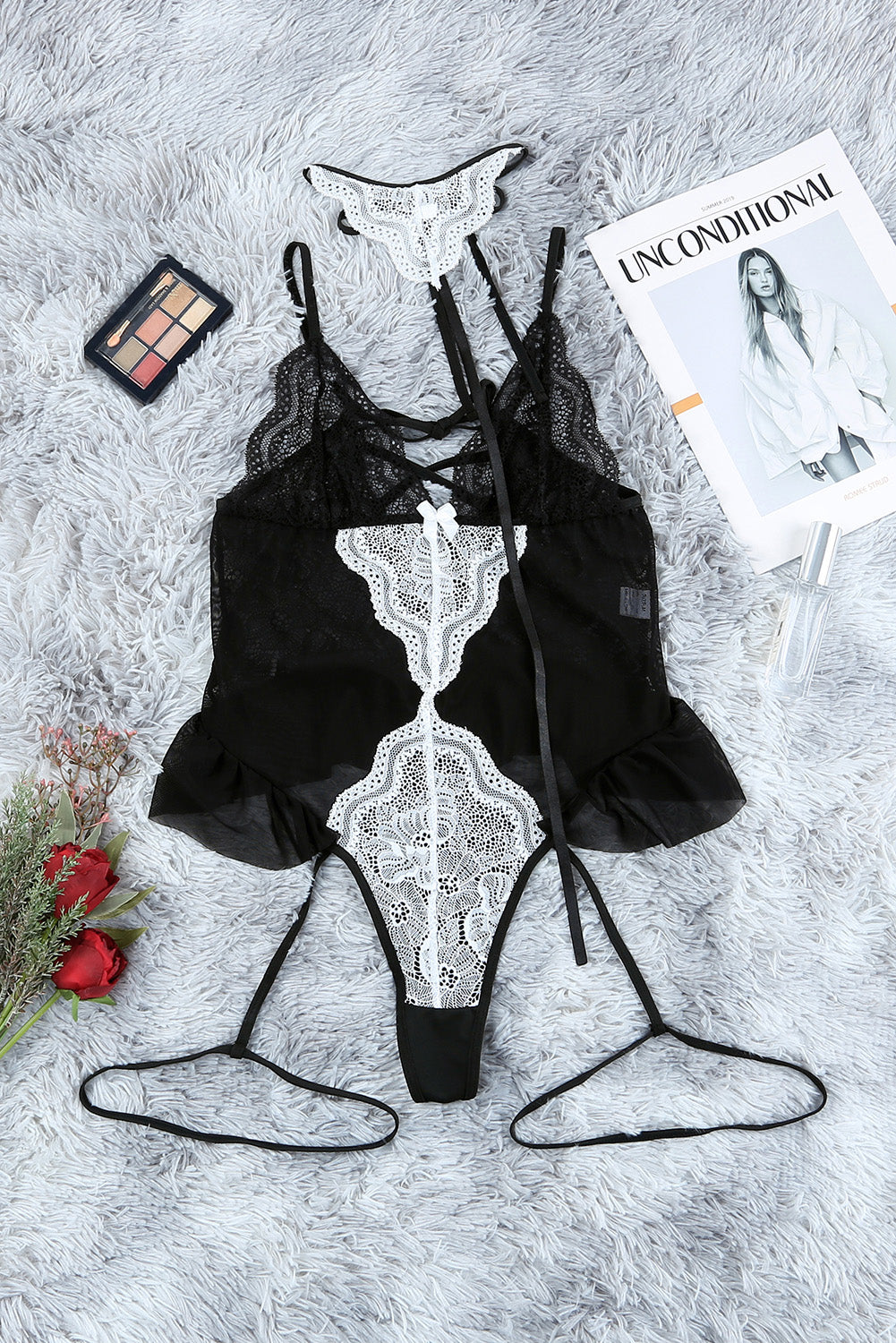 Black Lace Mesh Contrast Lace-up Straps Teddy Lingerie Teddy Lingerie JT's Designer Fashion