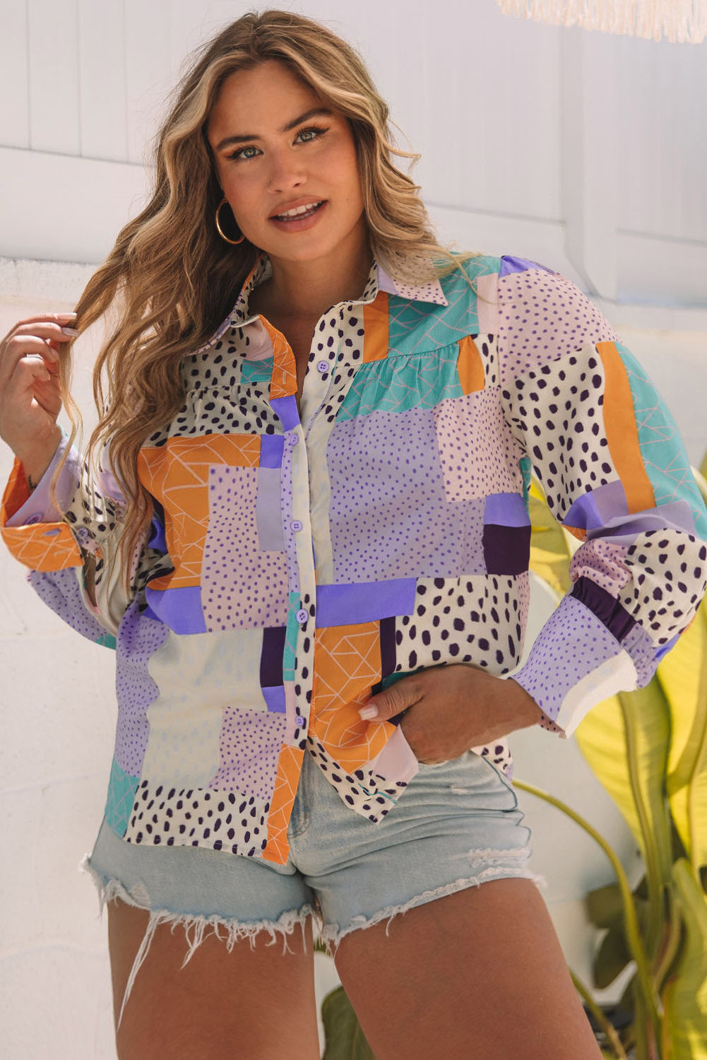 Multicolour Plus Size Mixed Print Buttoned Shirt Plus Size JT's Designer Fashion