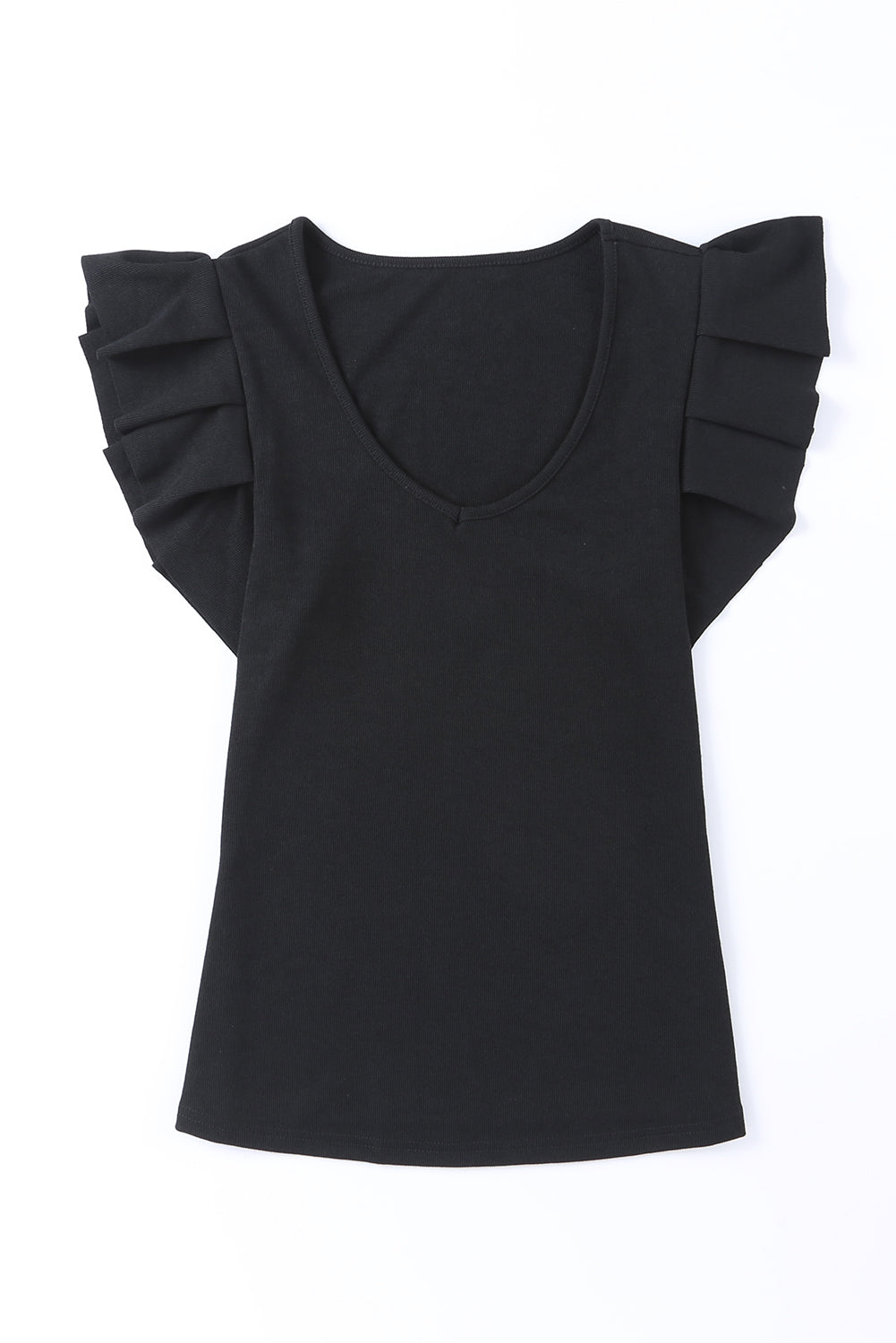 Black Rib Knitted Ruffle Sleeve U Neck Top Tank Tops JT's Designer Fashion