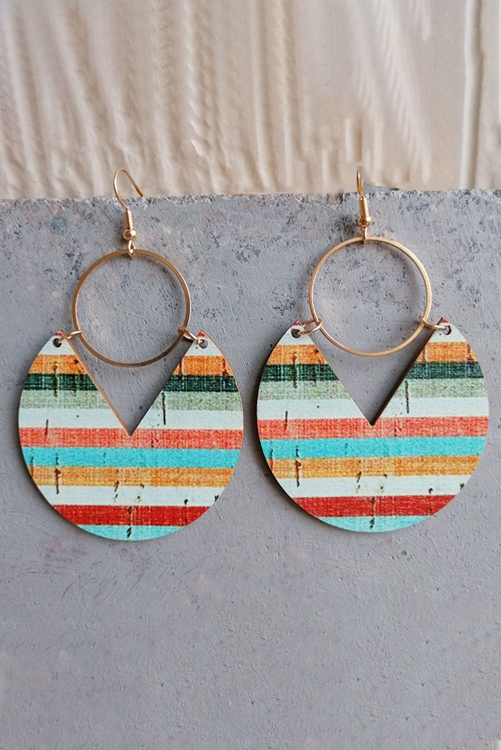 Multicolor Rainbow Stripe Pattern Notch Round Wooden Pendant Earrings Jewelry JT's Designer Fashion