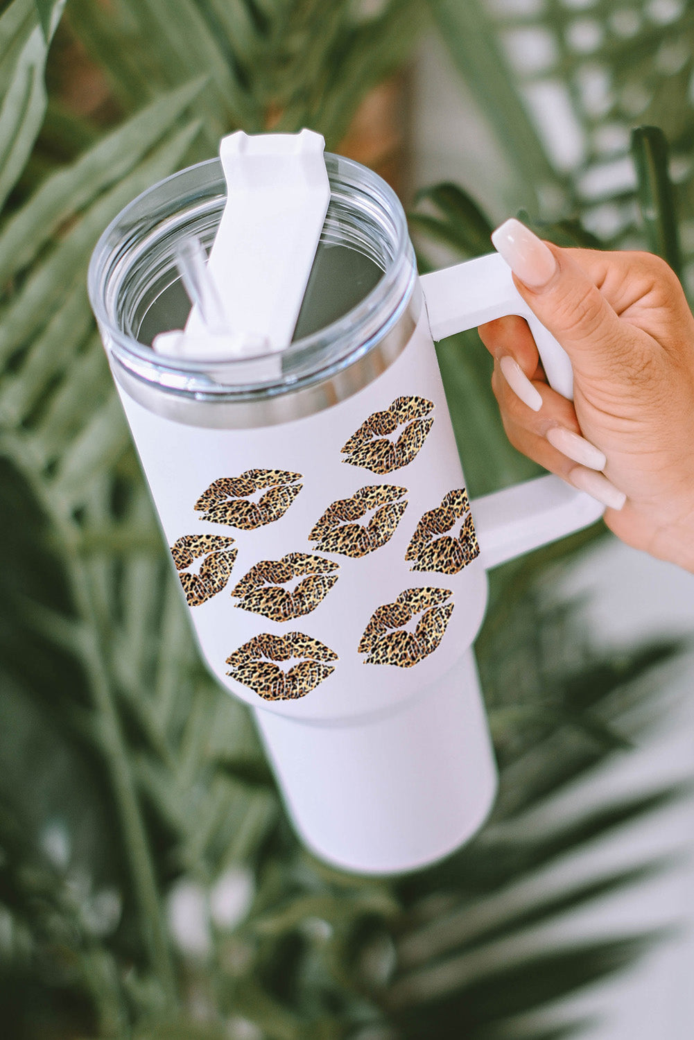 White Valentine Leopard Lips Print Thermos Cuo with Straw Tumblers JT's Designer Fashion