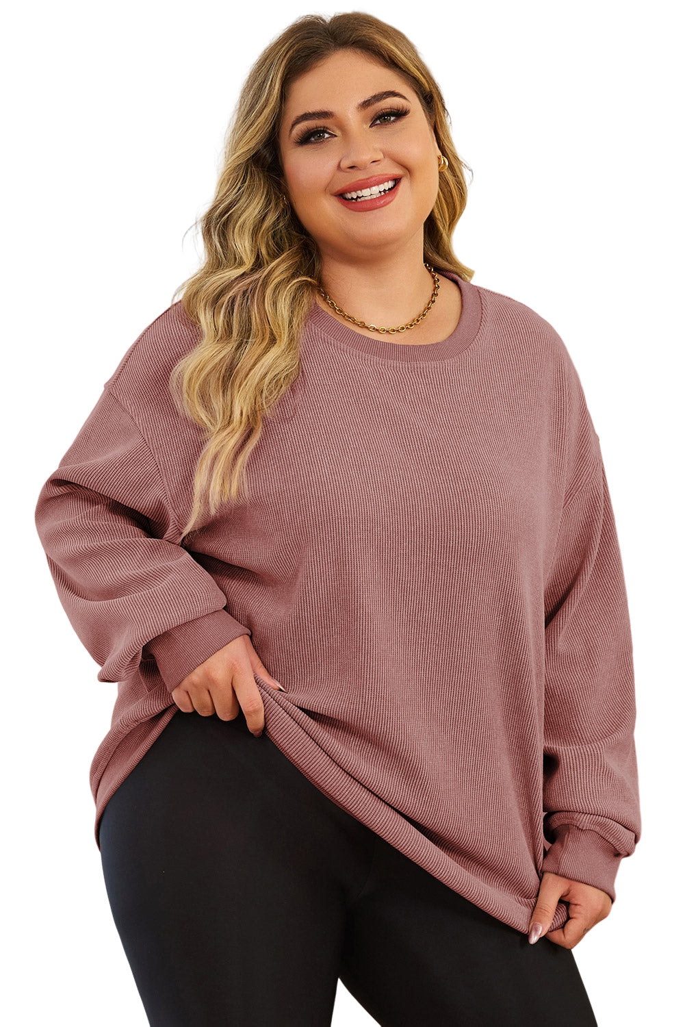 Pink Plus Size Corded Round Neck Sweatshirt Sweatshirts & Hoodies JT's Designer Fashion