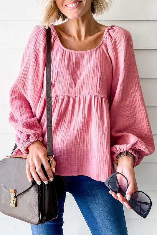 Pink Bubble Sleeve Textured Flowy Blouse Tops & Tees JT's Designer Fashion