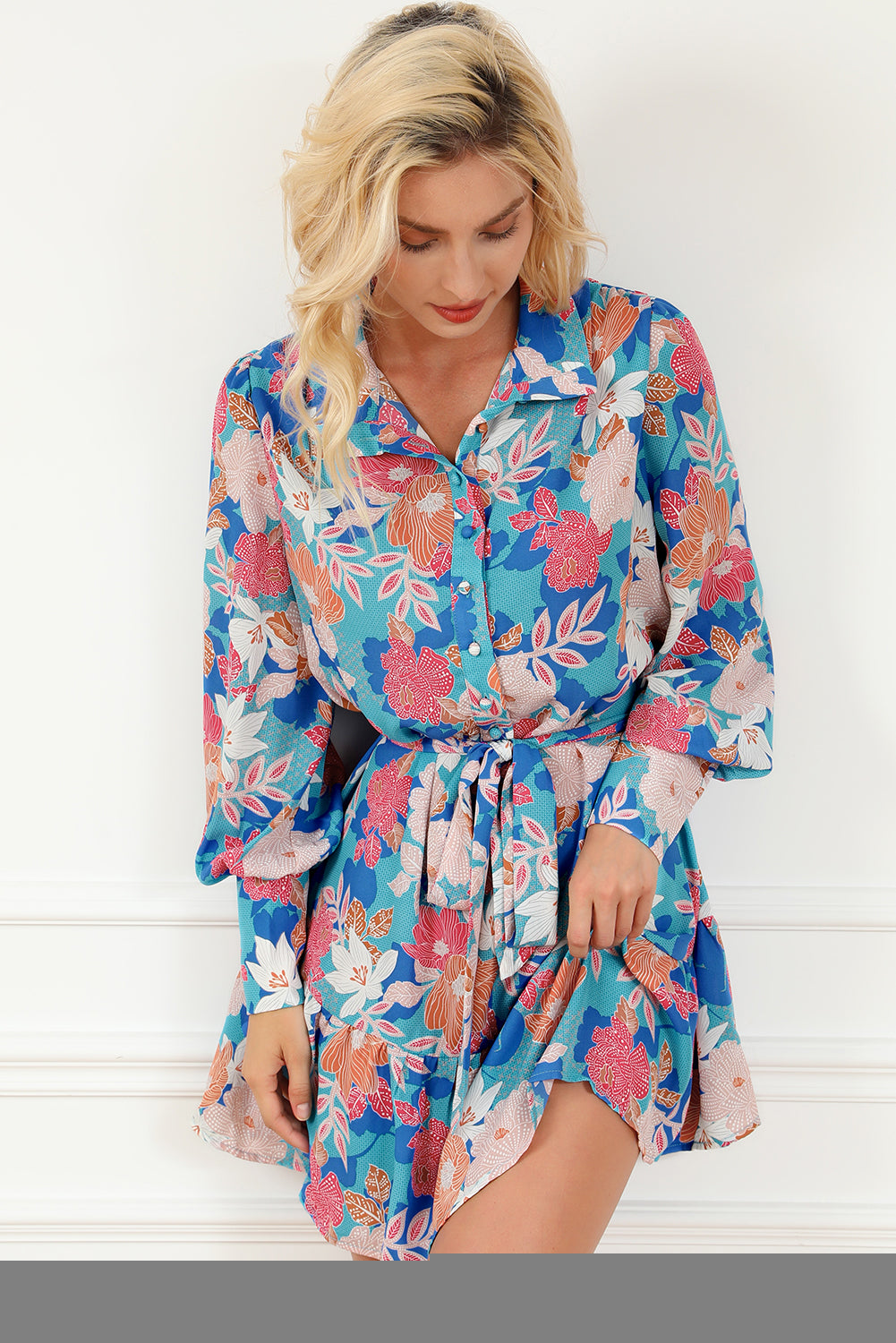 Blue Floral Print Lantern Sleeve Belted Shirt Dress Floral Dresses JT's Designer Fashion