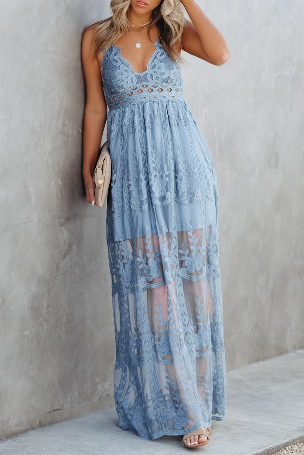 Sky Blue Lace Crisscross Backless Maxi Dress Sky Blue 95%Polyester+5%Elastane Maxi Dresses JT's Designer Fashion