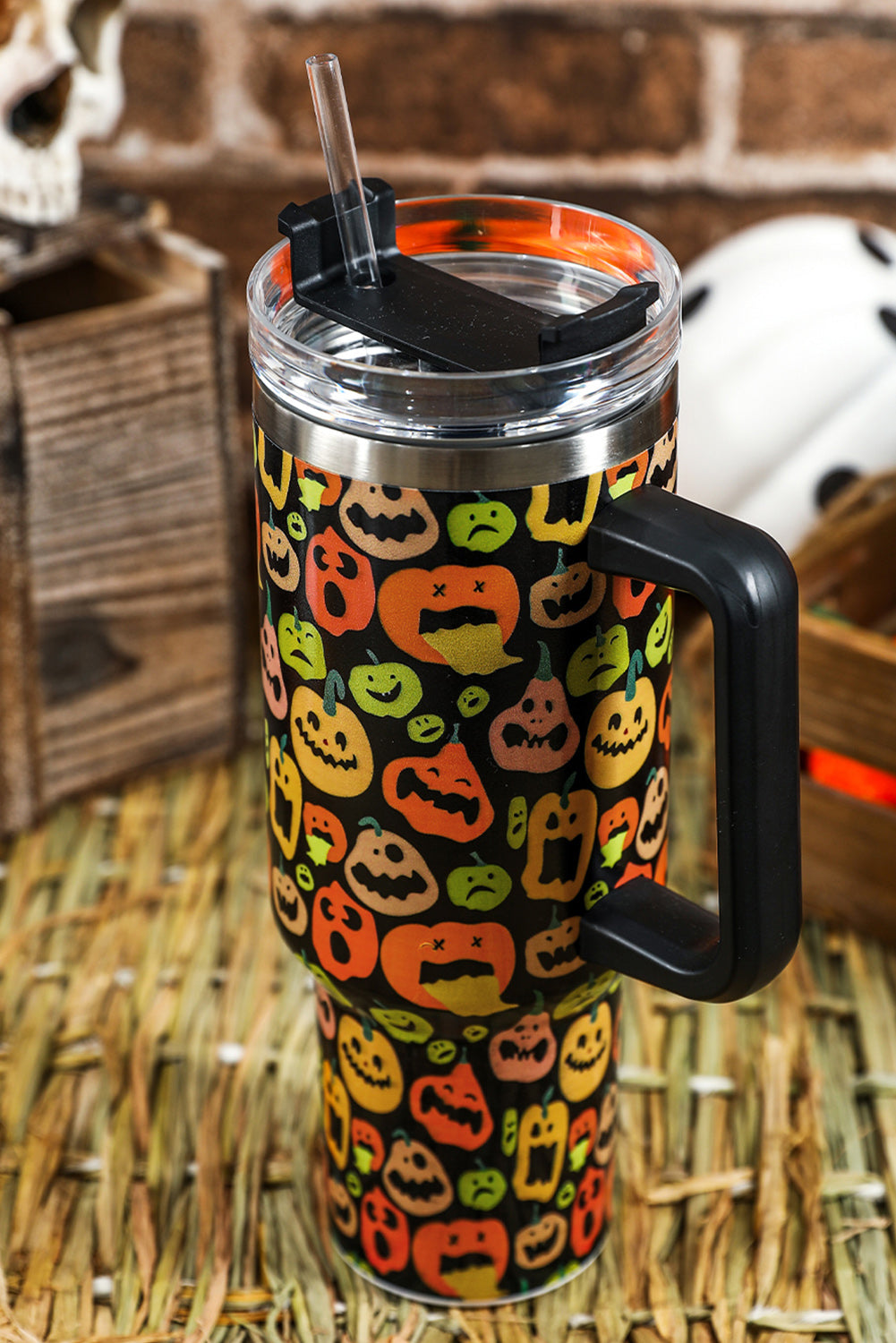 Black Halloween Pumpkins 40oz Stainless Steel Thermos Cup Tumblers JT's Designer Fashion