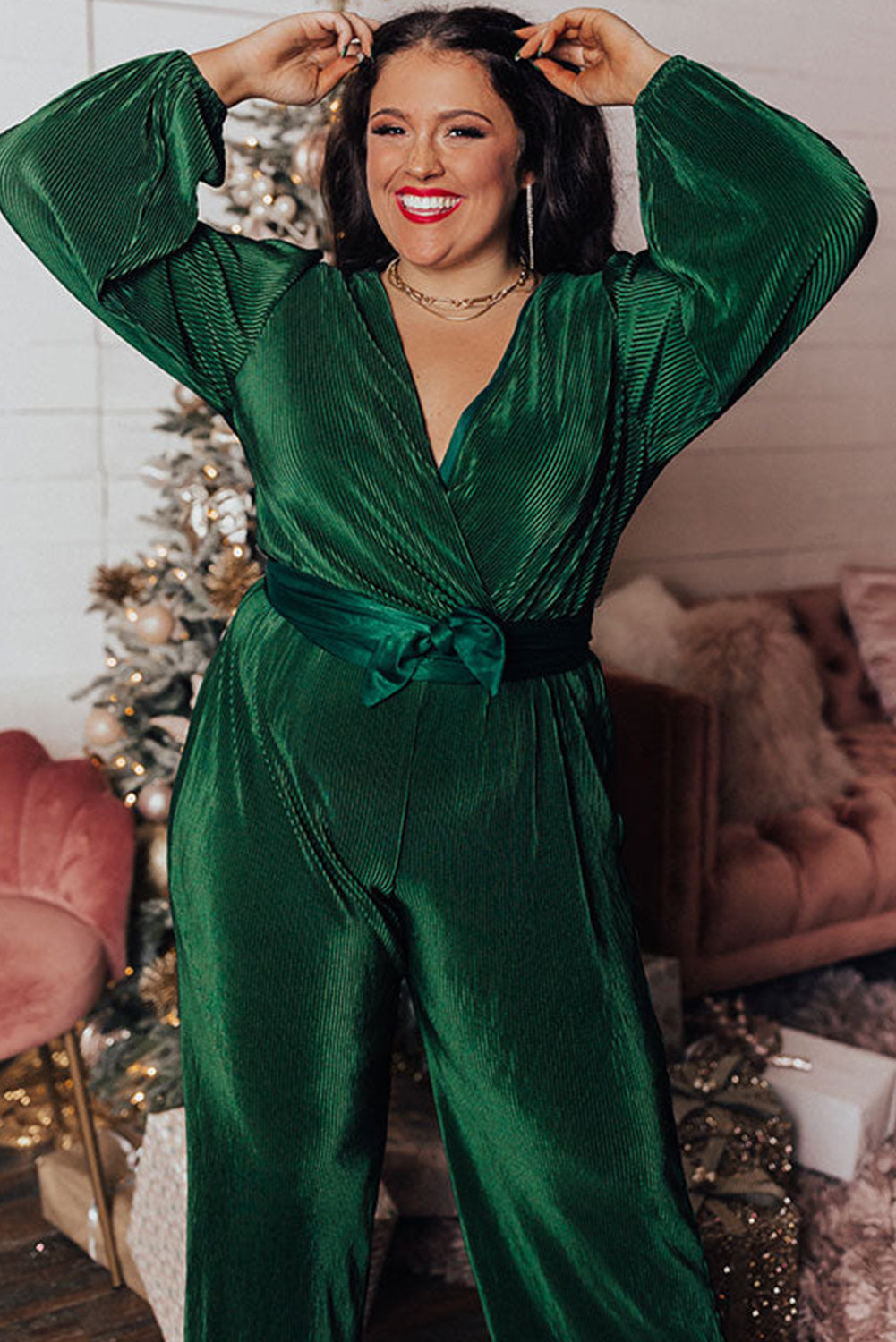 Dark Green Plus Size Pleated Satin Belted V Neck Jumpsuit Plus Size JT's Designer Fashion